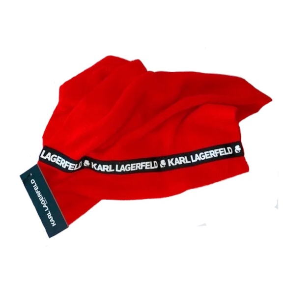 NWT Karl Lagerfeld Red Knit Name Logo Band Infinity Scarf - Picture 2 of 15